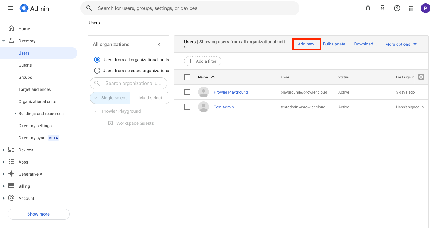 Google Admin Console - Users directory