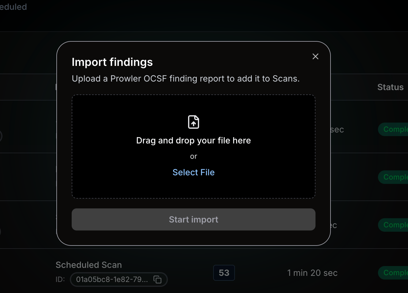 Import findings dialog with the drag-and-drop area