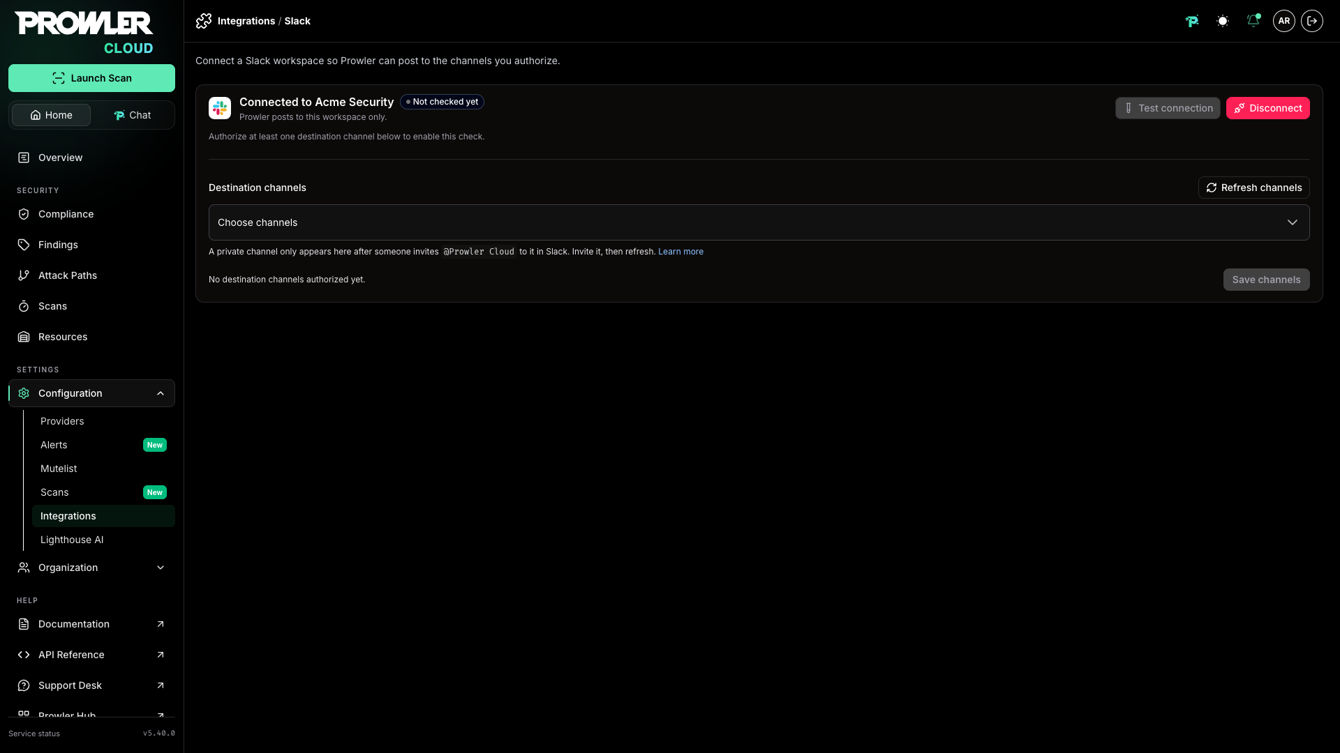 Connected Slack workspace on the Integrations page