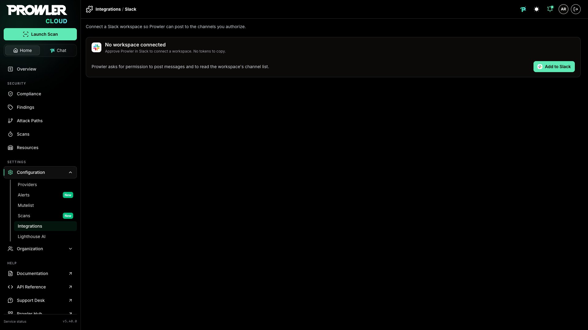 Slack management page before a workspace is connected, showing the Add to Slack action