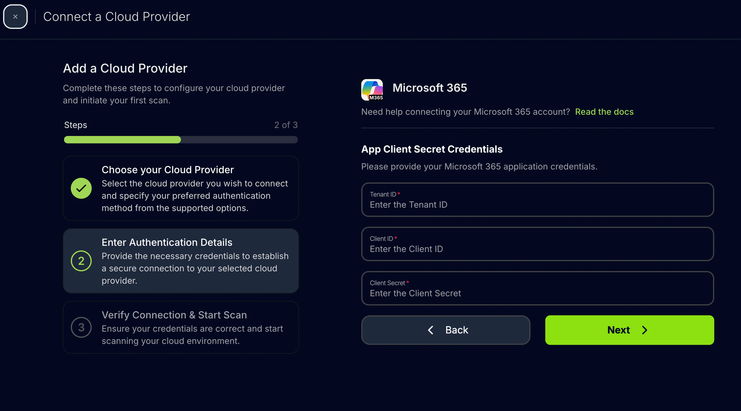 M365 client secret authentication form