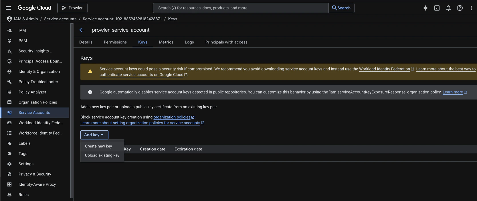 Add a new key to the service account