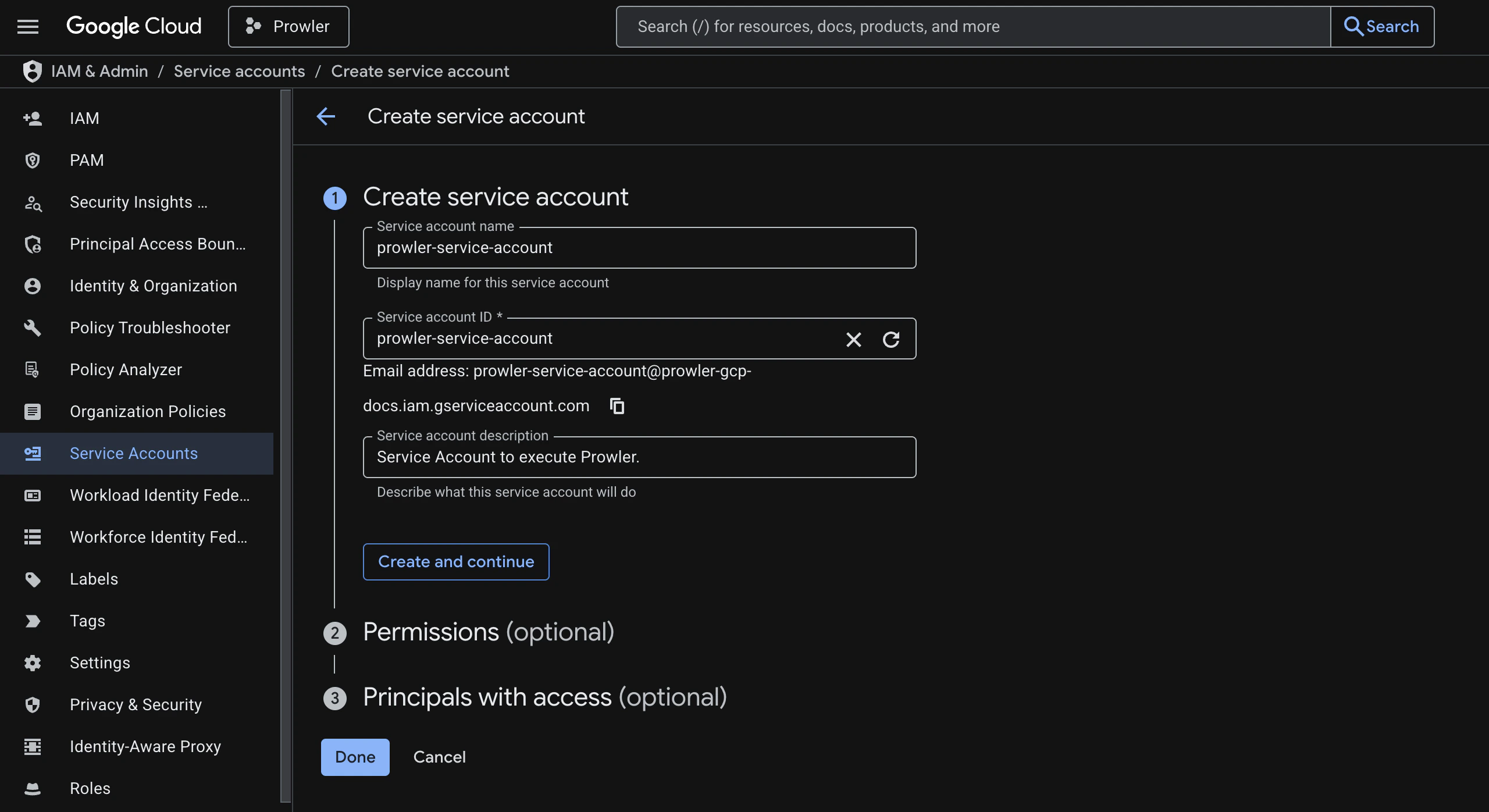 Create service account wizard