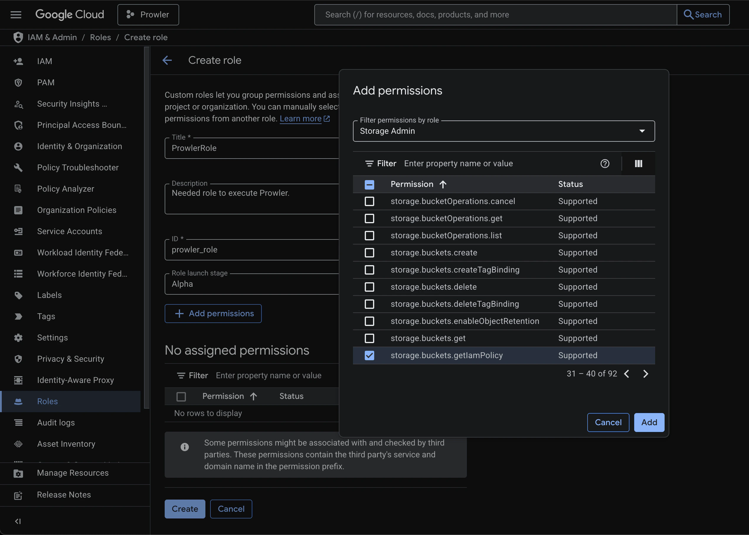 Sample permissions for a custom Prowler role