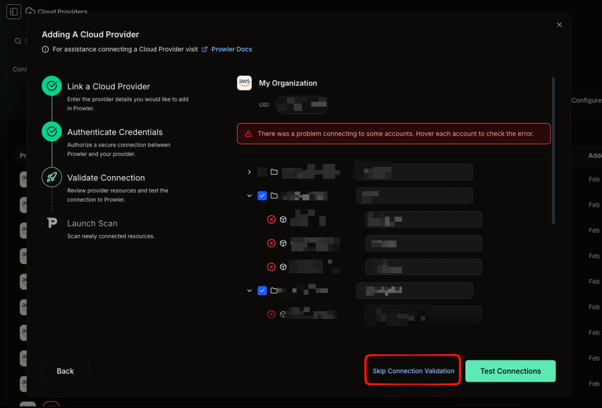 Connection test results showing failed accounts with error banner and Skip Connection Validation button