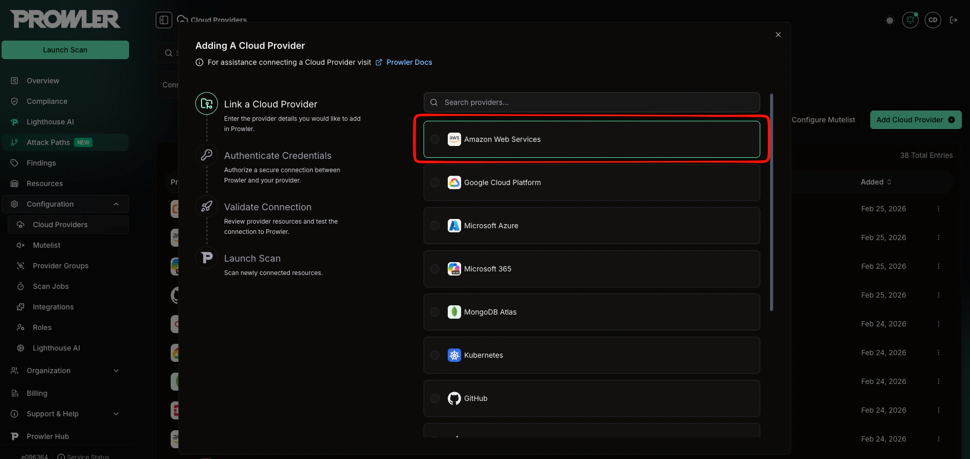 Provider selection modal with Amazon Web Services highlighted