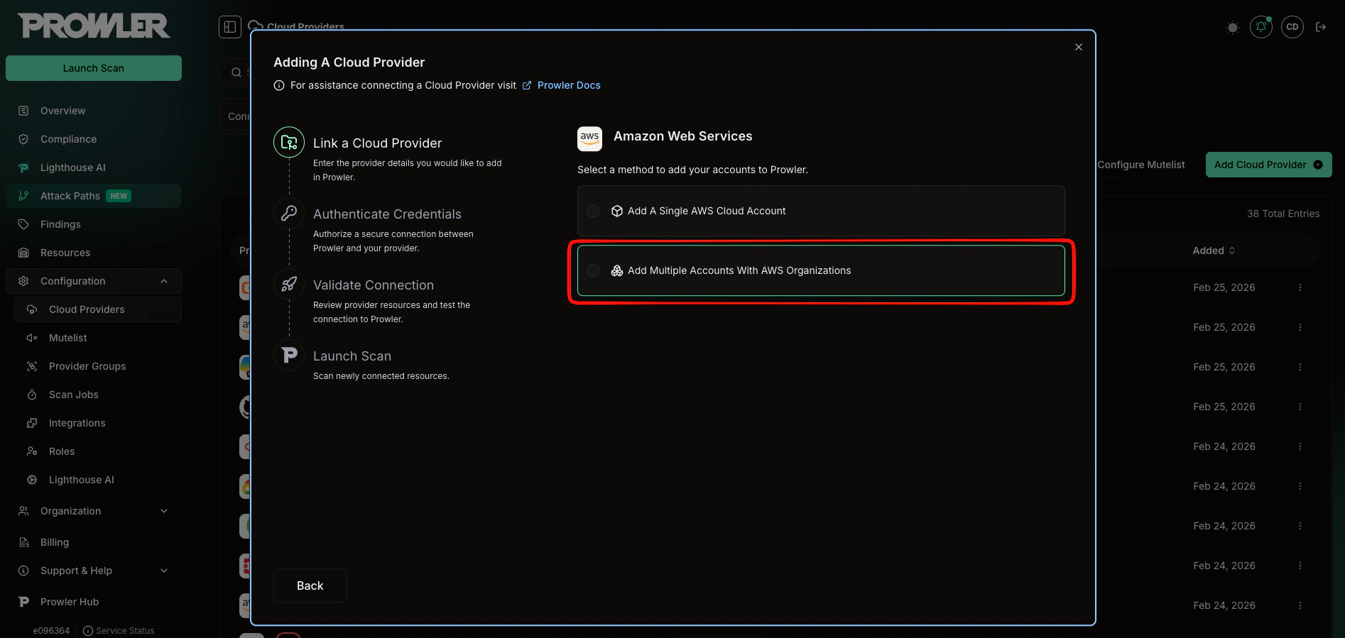 Method selector showing Add Multiple Accounts With AWS Organizations option highlighted