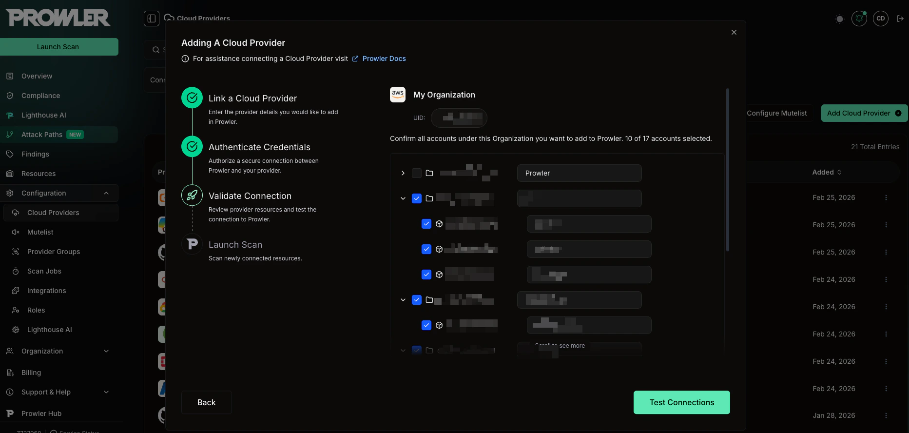 Hierarchical tree view showing OUs and accounts with selection checkboxes