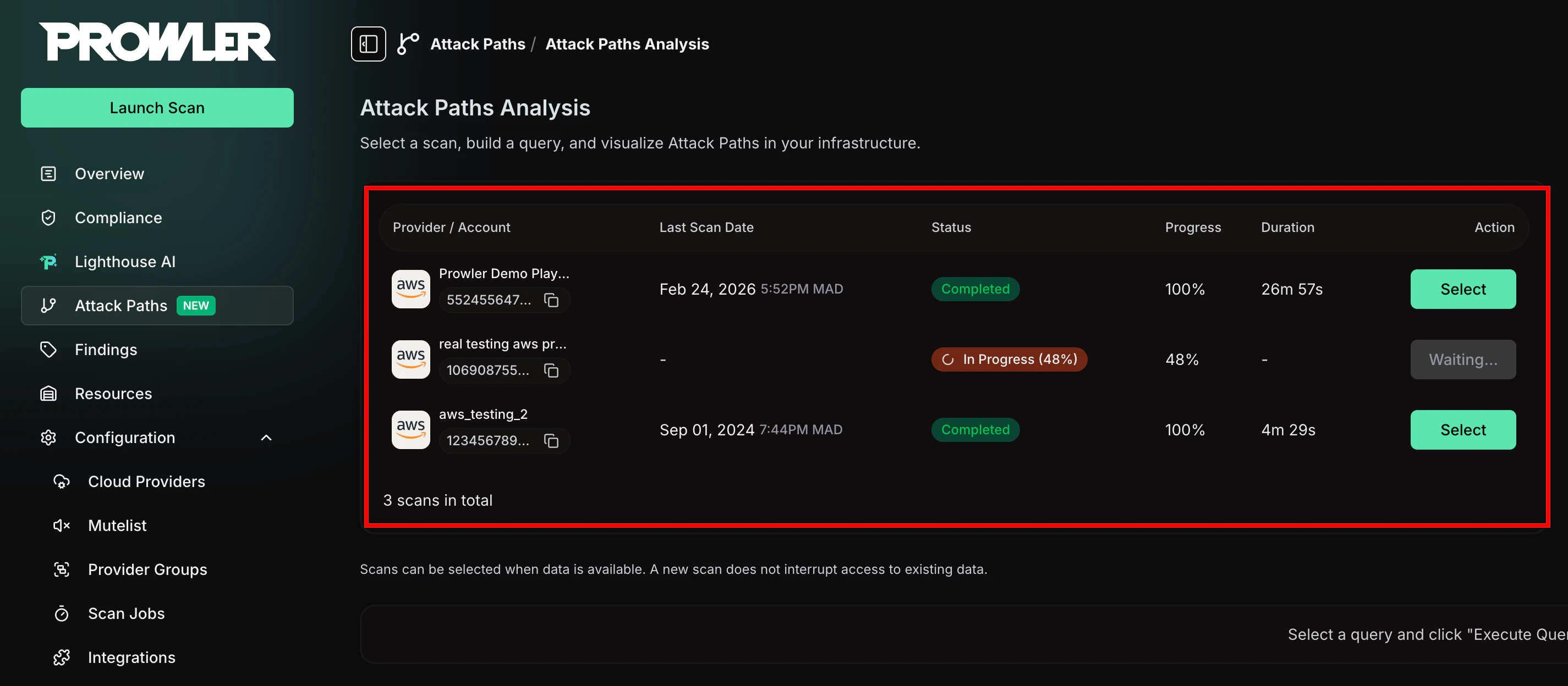 Attack Paths scan list table showing completed scans