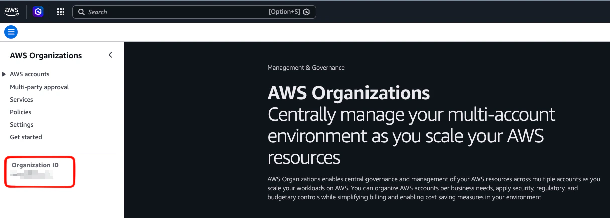 AWS Organizations Console showing the Organization ID in the left sidebar
