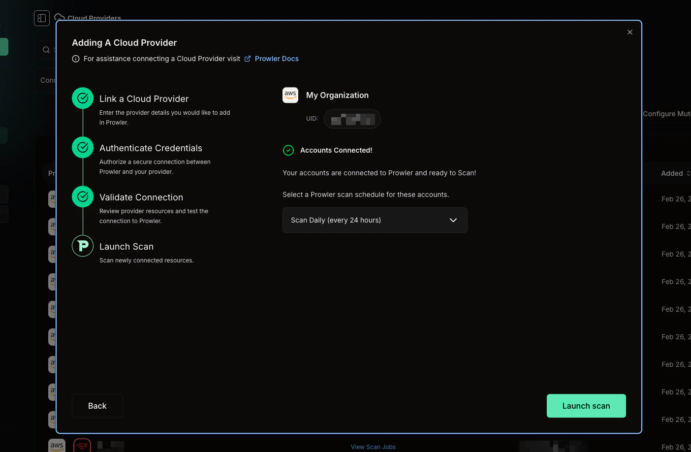 Launch Scan step showing Accounts Connected confirmation, scan schedule selector, and Launch scan button