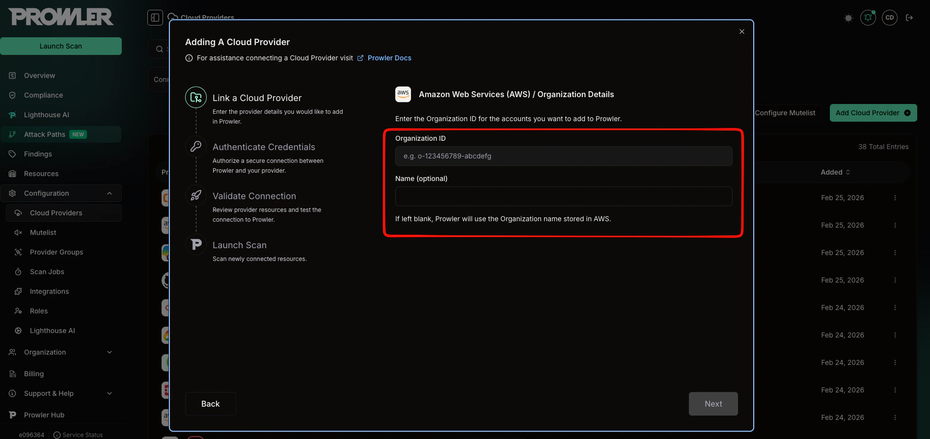Organization Details form with Organization ID and Name fields