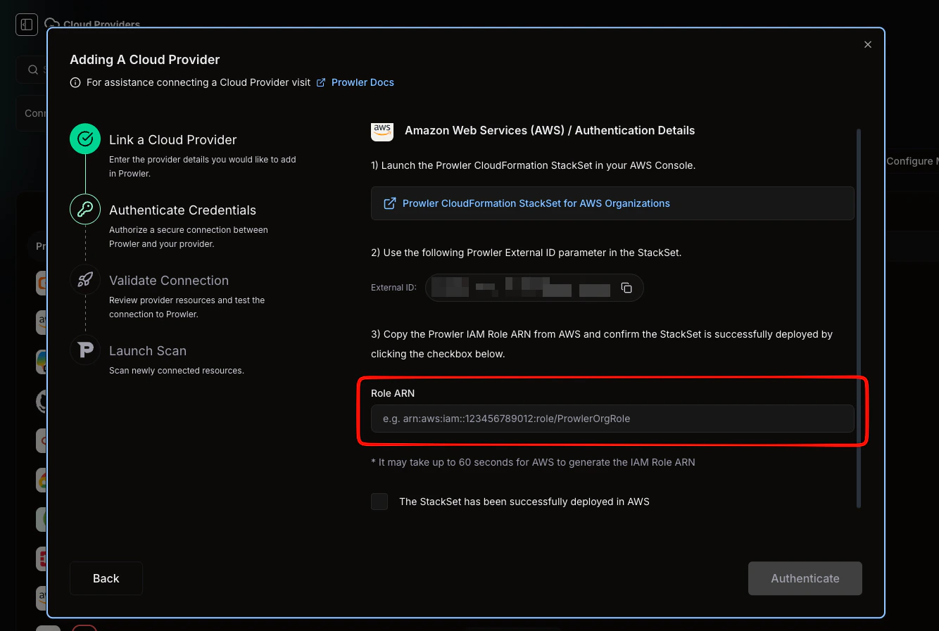 Management Account Role ARN field in the Authentication Details form