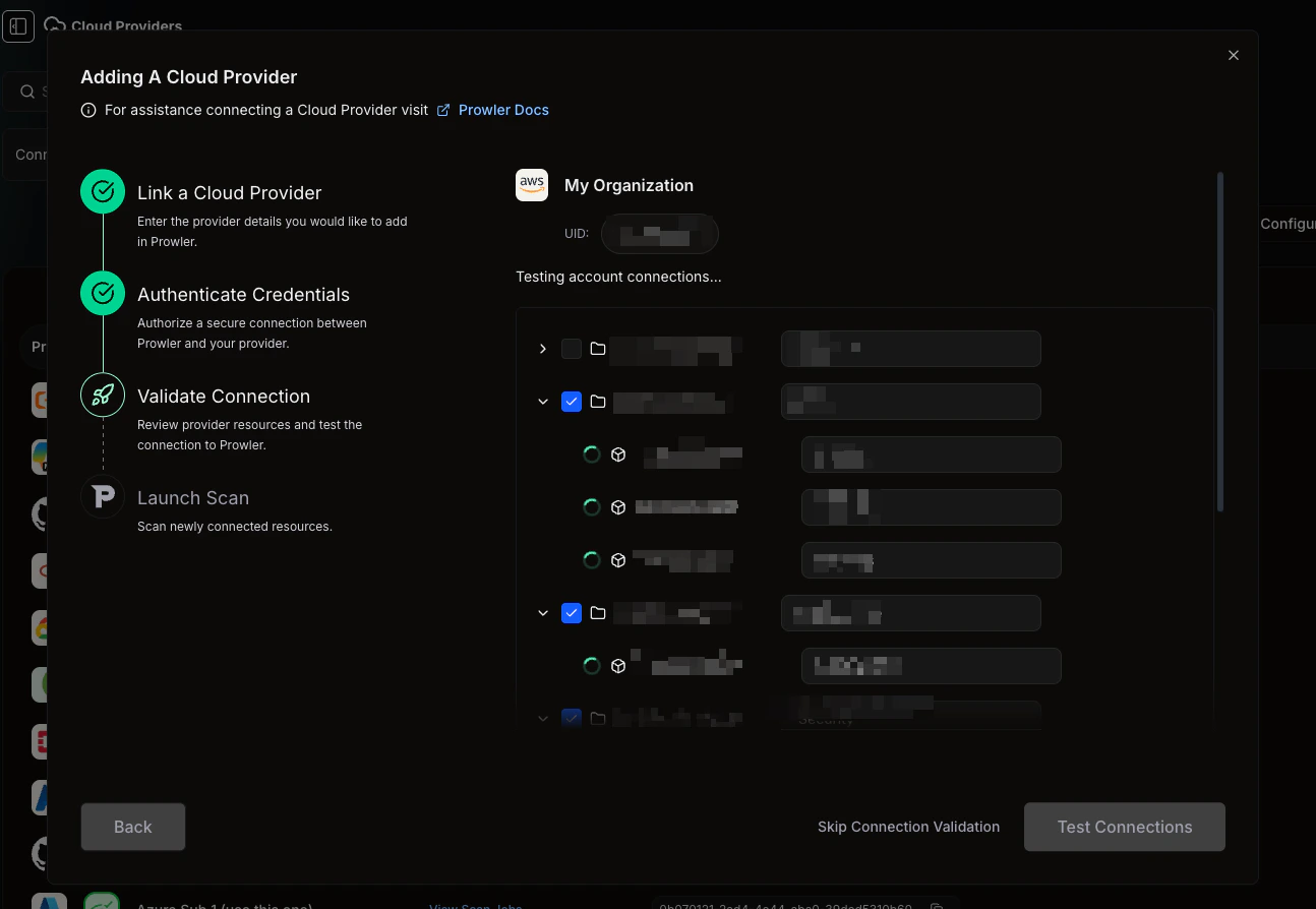 Connection testing in progress with spinners on each account