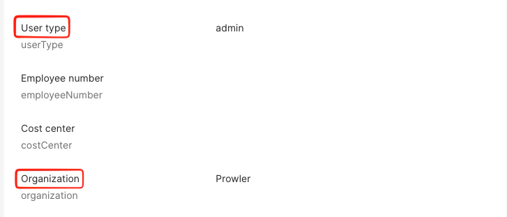 Okta User Profile — User Type and Organization