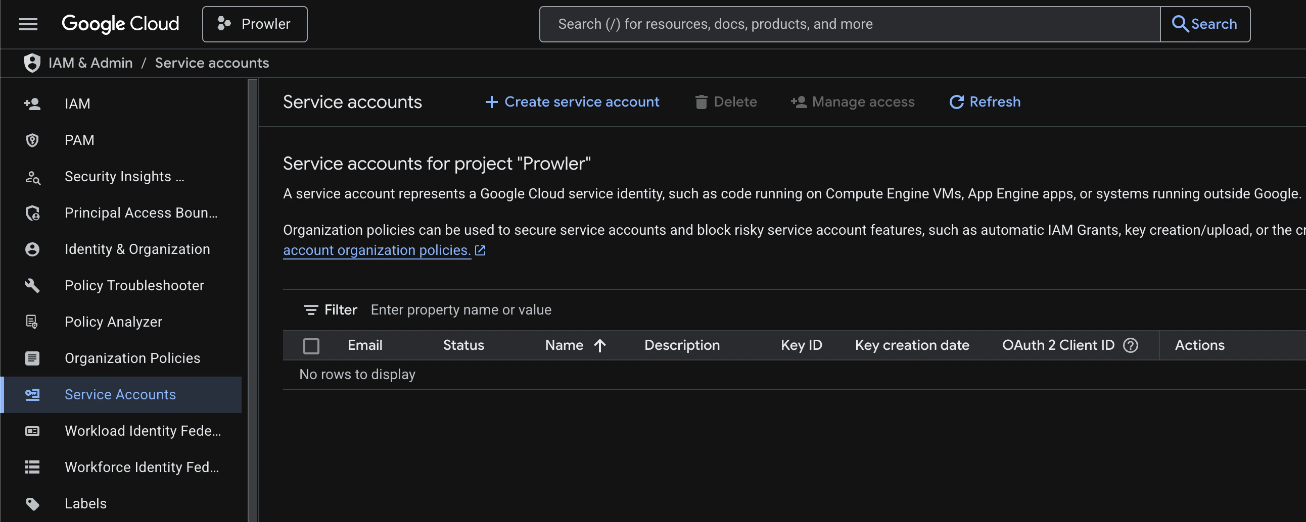 Service accounts landing page