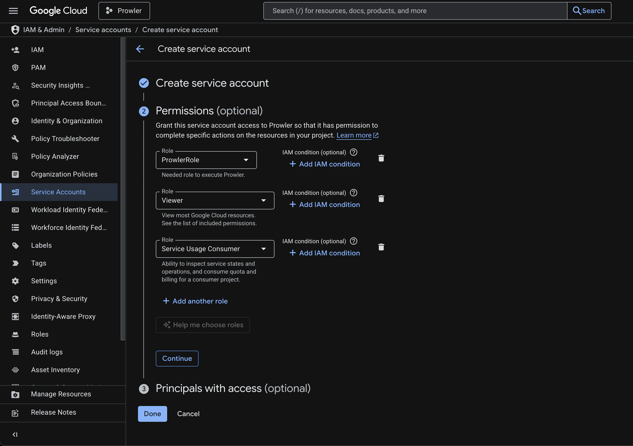 Assign roles to the service account