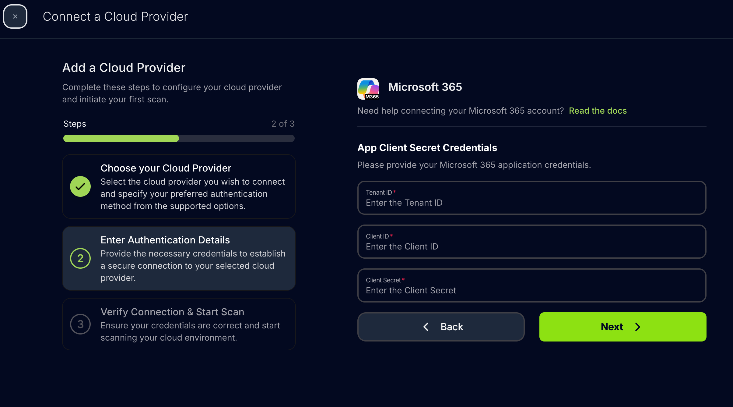 M365 client secret authentication form