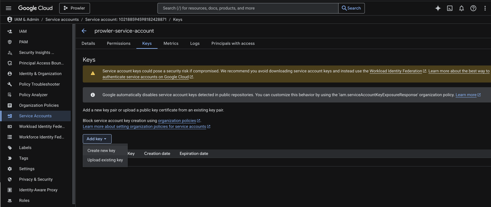Add a new key to the service account