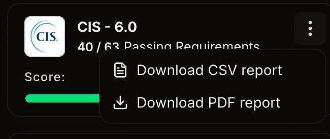 Download dropdown on a framework card showing CSV and PDF report options