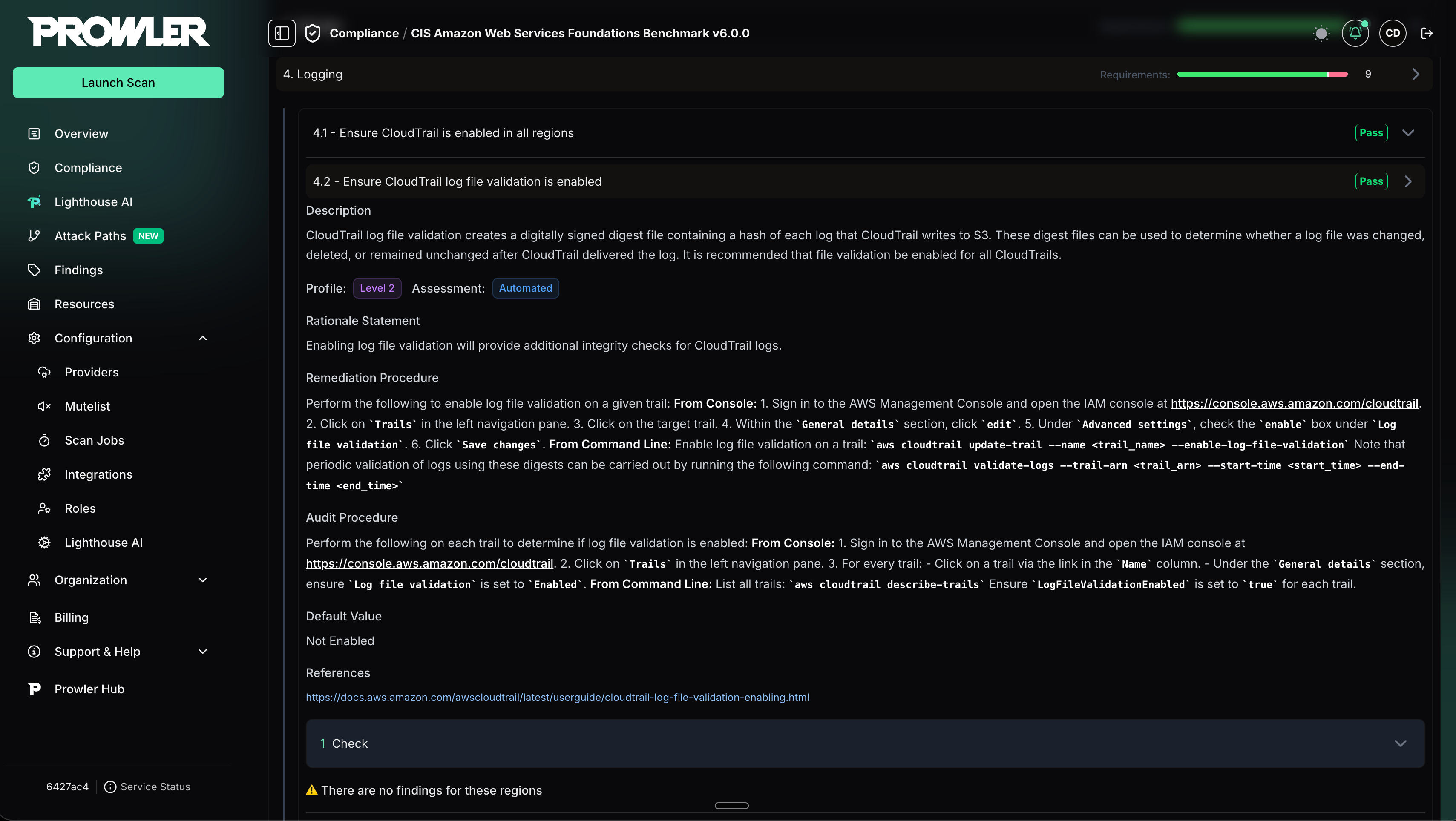 Expanded CIS requirement showing description, rationale, remediation procedure, audit procedure, profile and assessment tags, references, and the underlying check