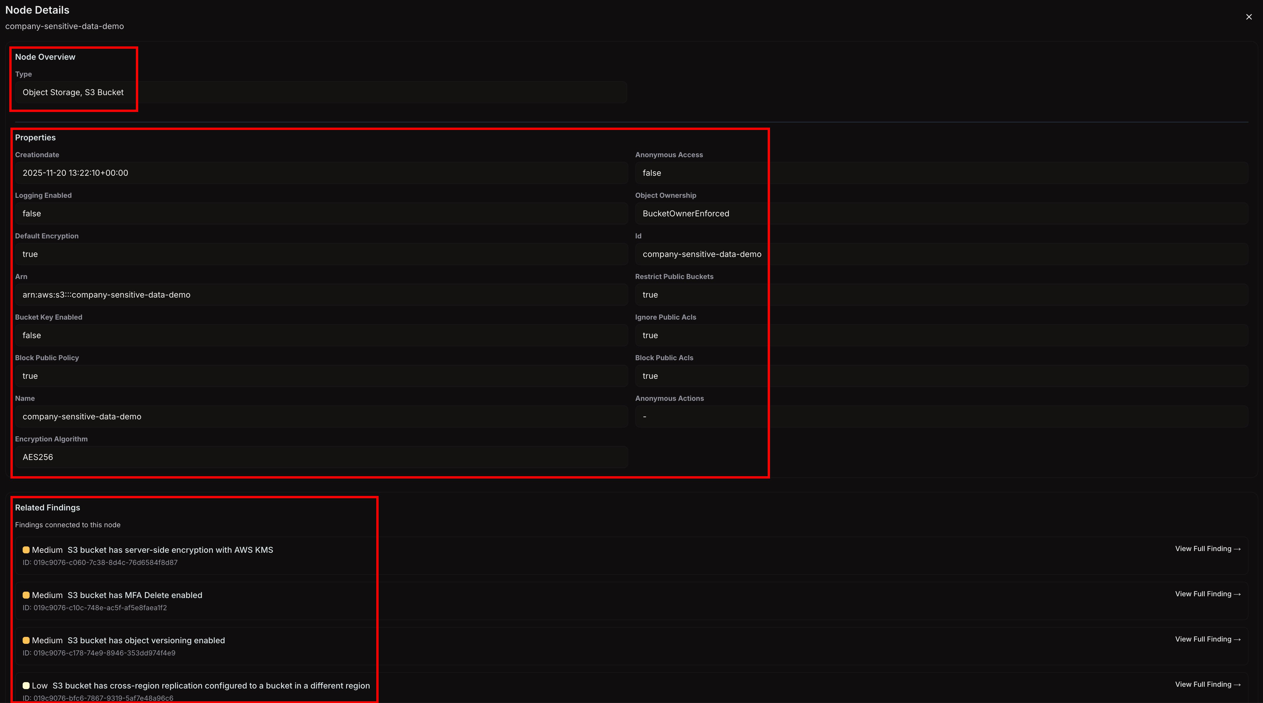 Attack Paths node detail panel showing properties and related findings