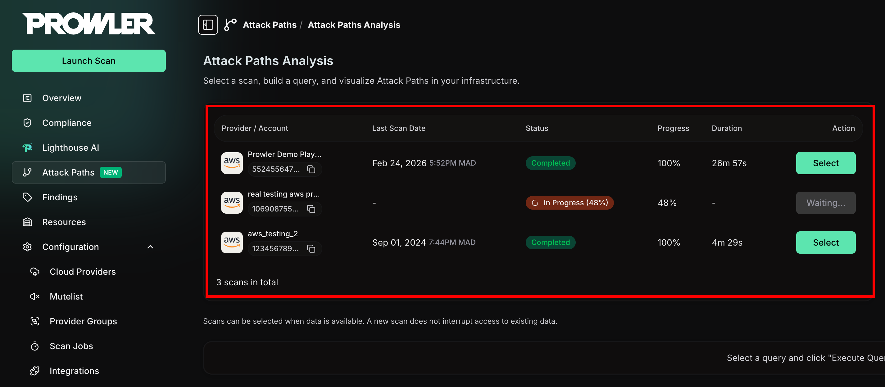 Attack Paths scan list table showing completed scans
