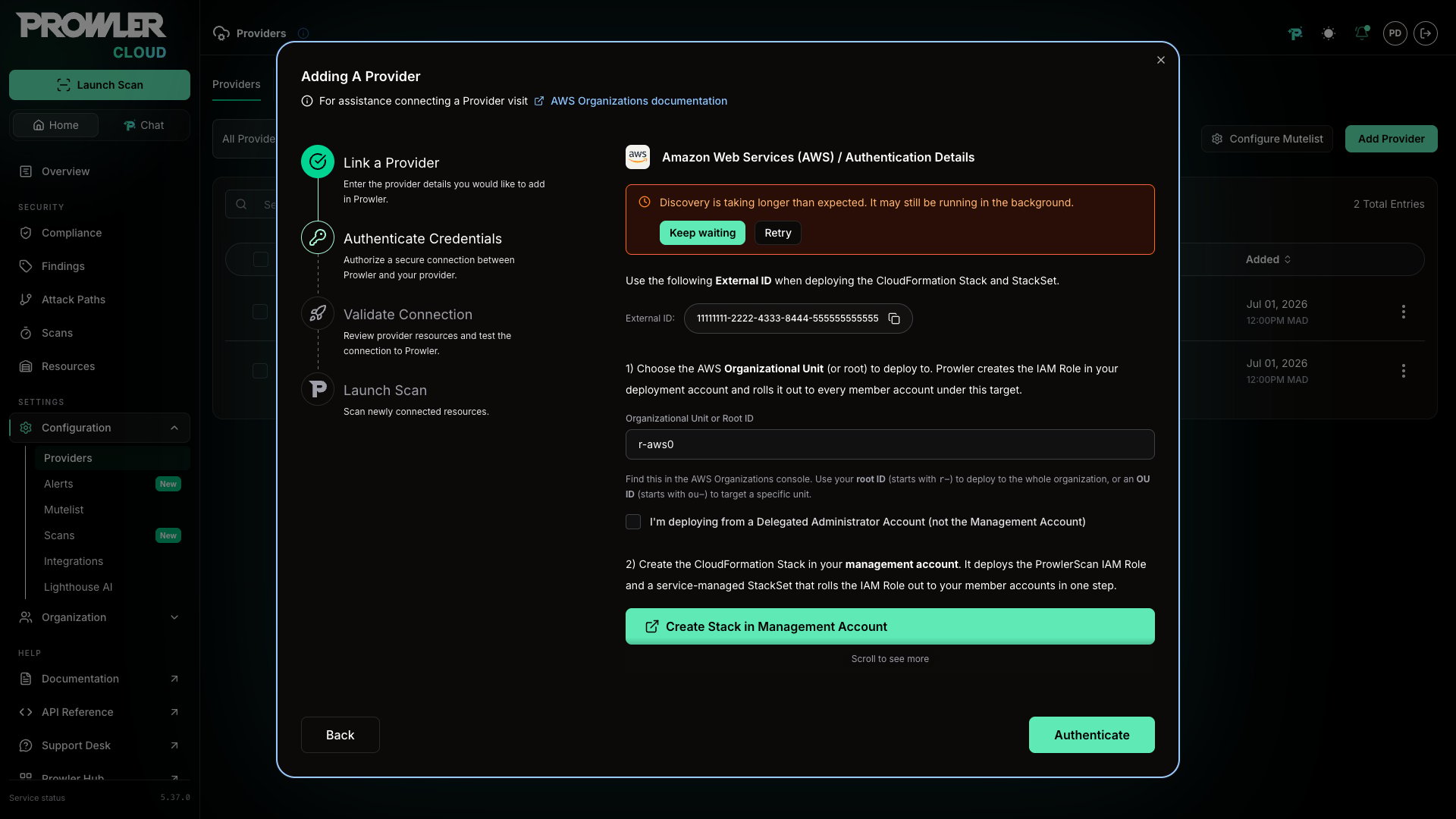 Discovery timeout notice offering Keep waiting and Retry