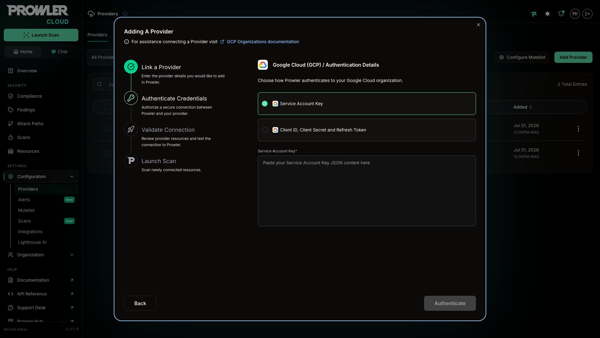 Authentication Details step showing the Service Account Key and Client ID methods