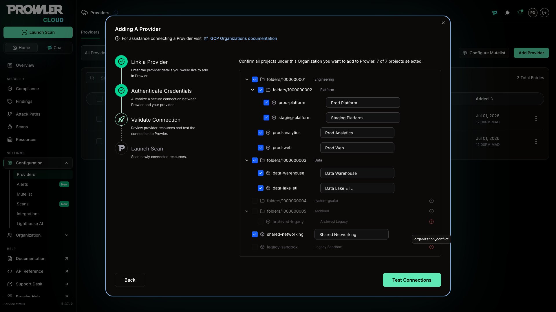 Blocked project row with the reason shown in a tooltip