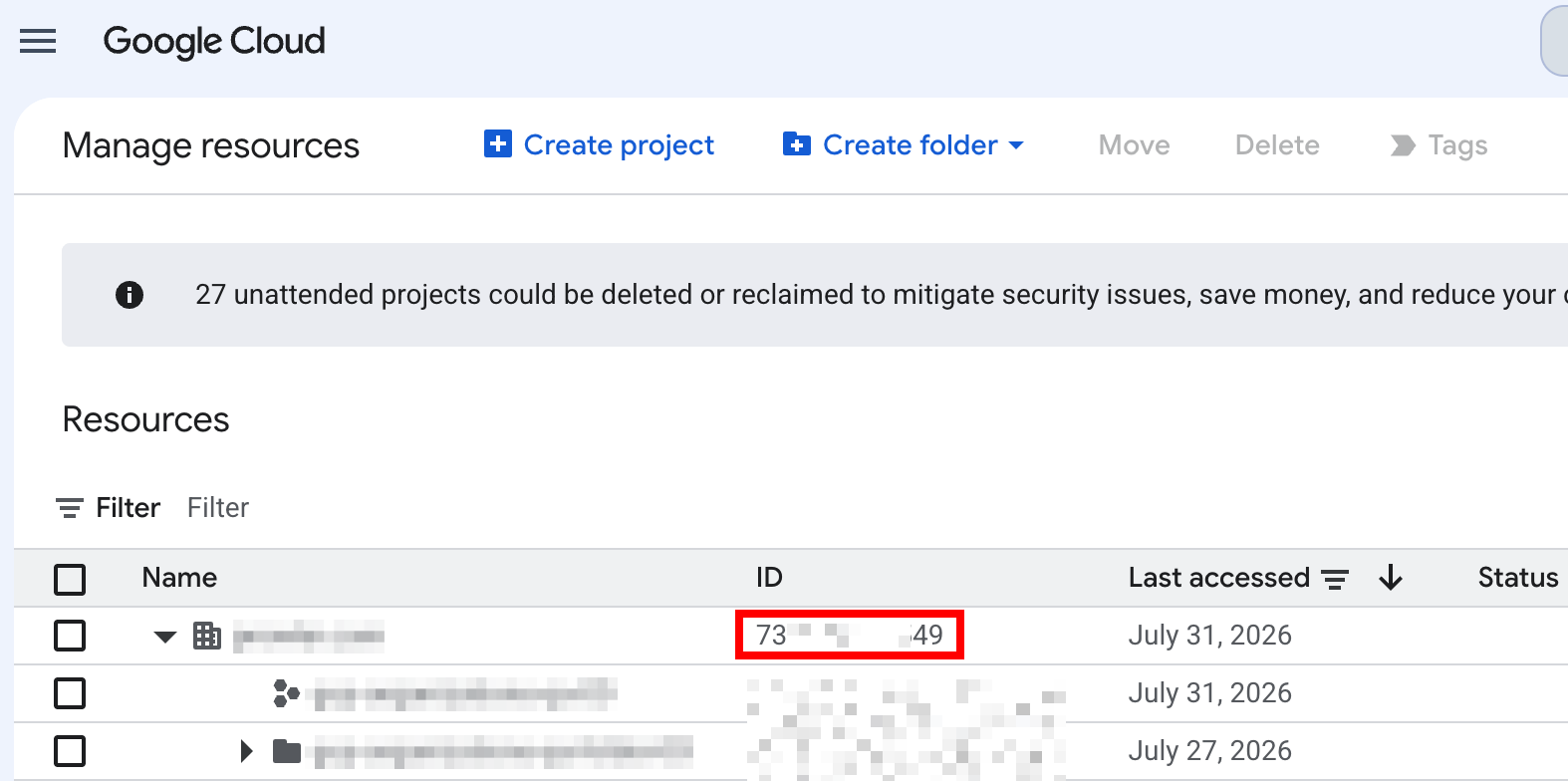 Manage Resources page in the Google Cloud console, with the organization ID highlighted next to the organization