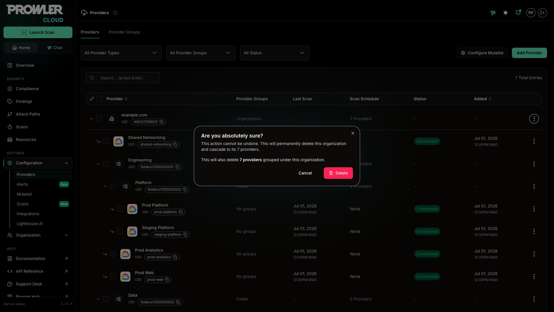 Delete organization dialog showing how many providers are deleted with it