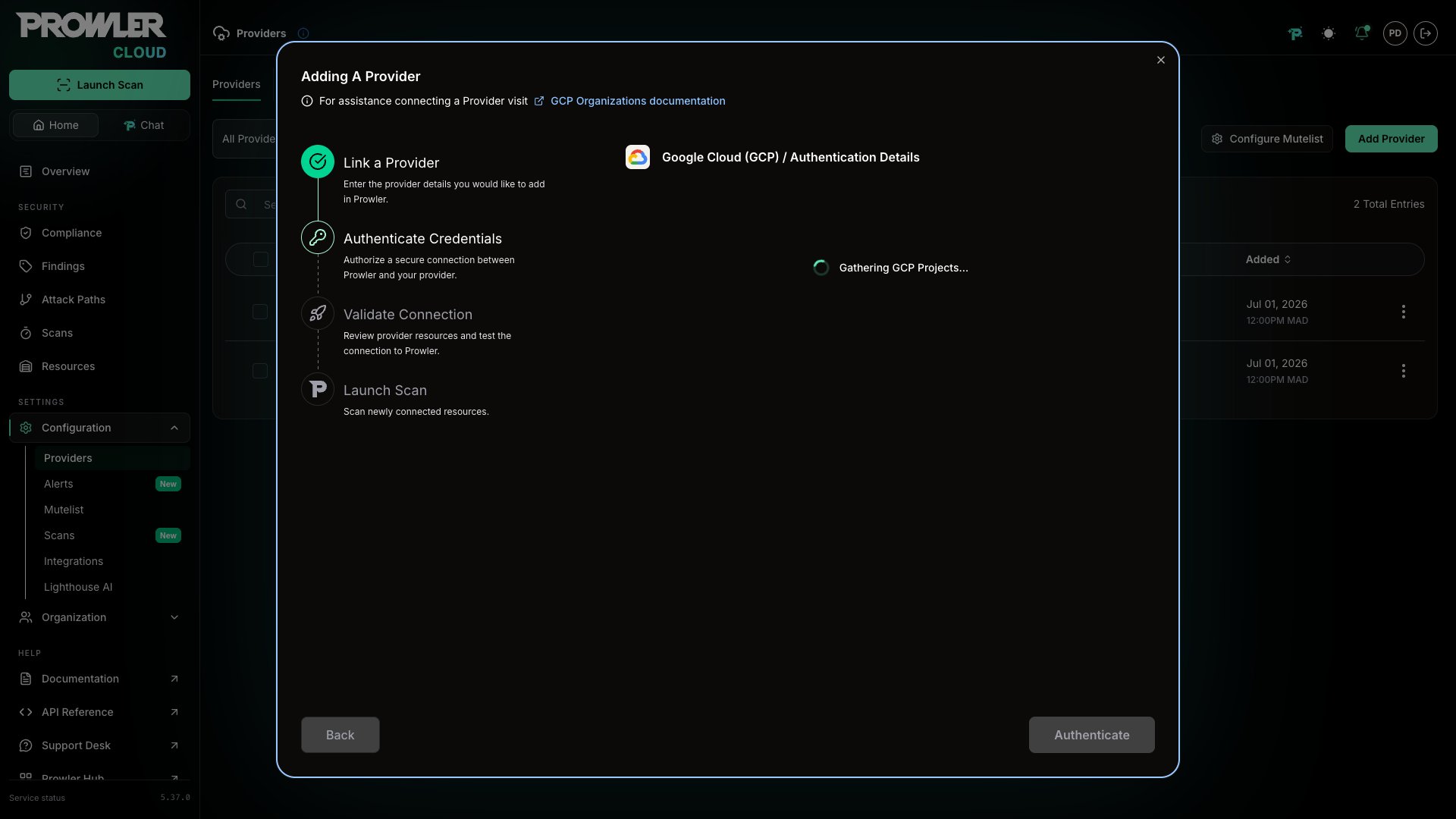 Gathering GCP Projects spinner shown while discovery runs