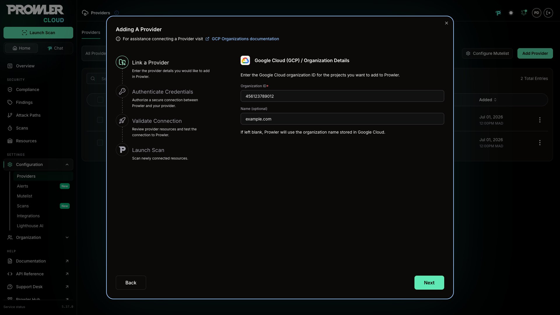 Organization Details form with the Google Cloud organization ID and Name fields