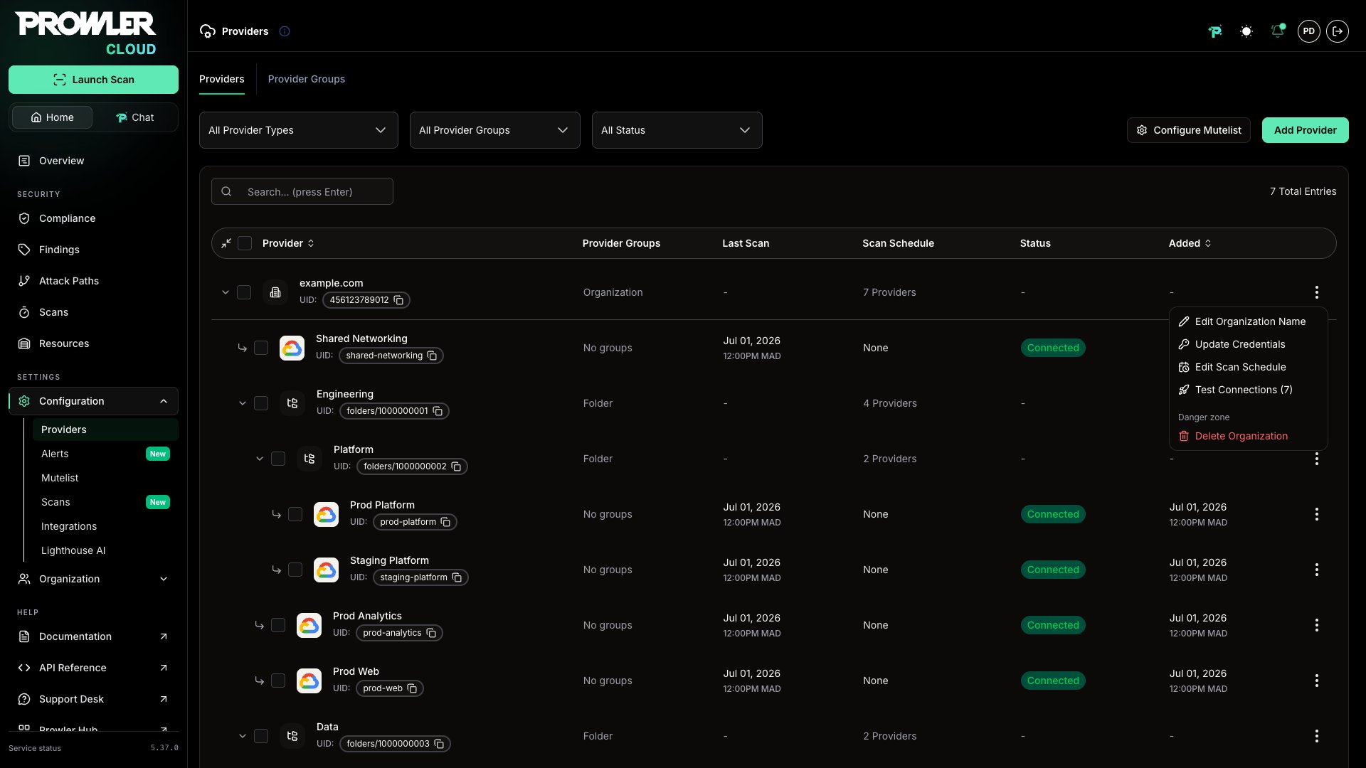 Row actions menu on a GCP organization row