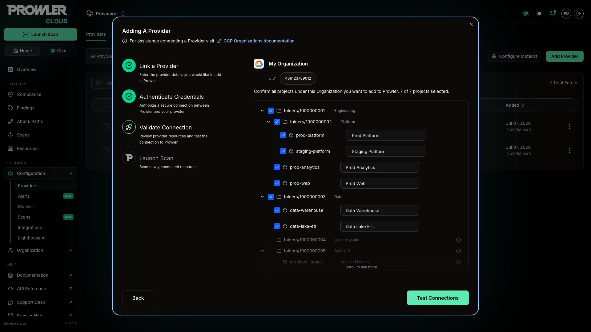 Hierarchical tree view showing folders and projects with selection checkboxes