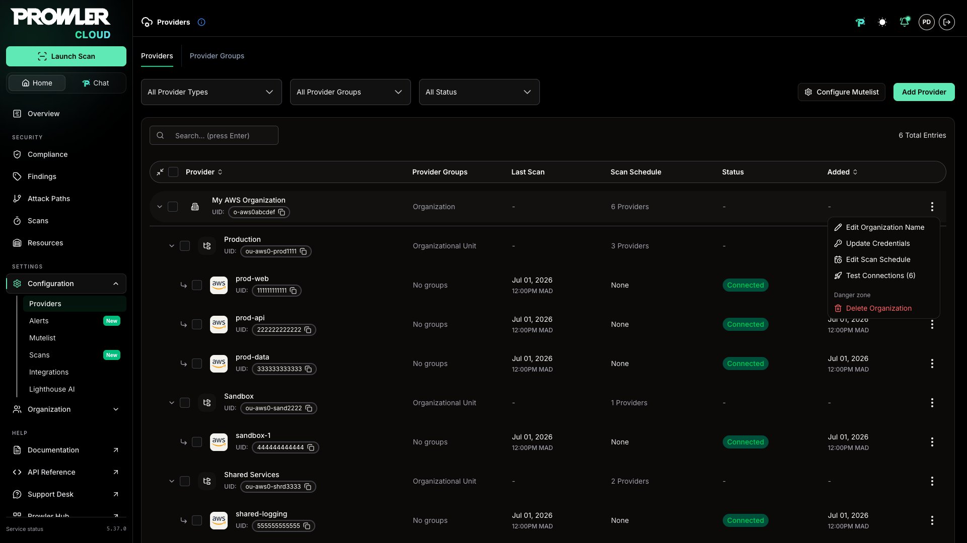 Row actions menu on an AWS organization row