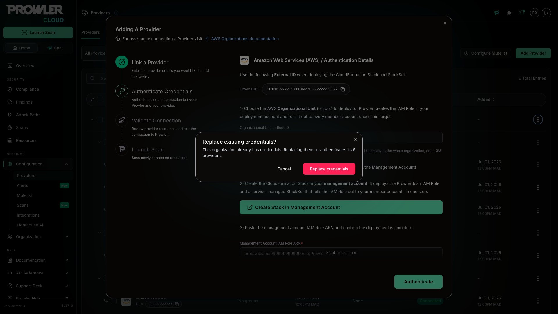 Replace existing credentials modal showing how many providers re-authenticate