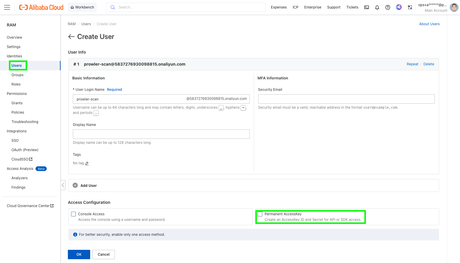 Create a RAM user and enable Permanent AccessKey