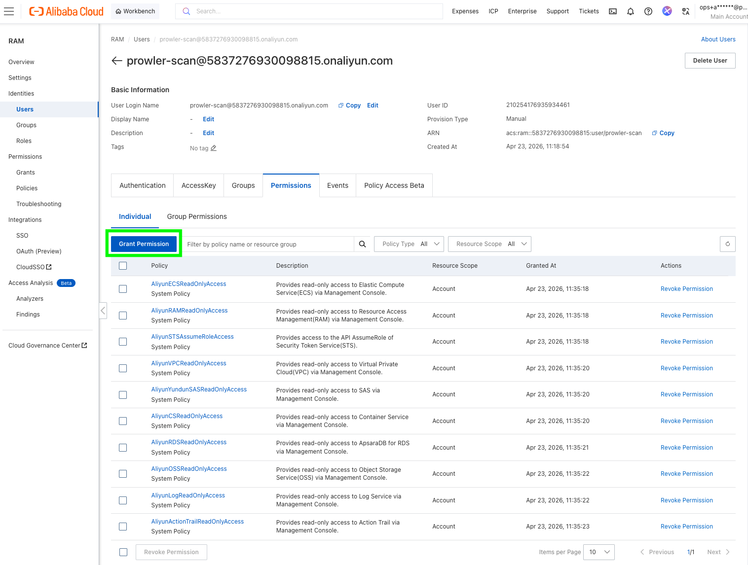 Grant permissions to the RAM user