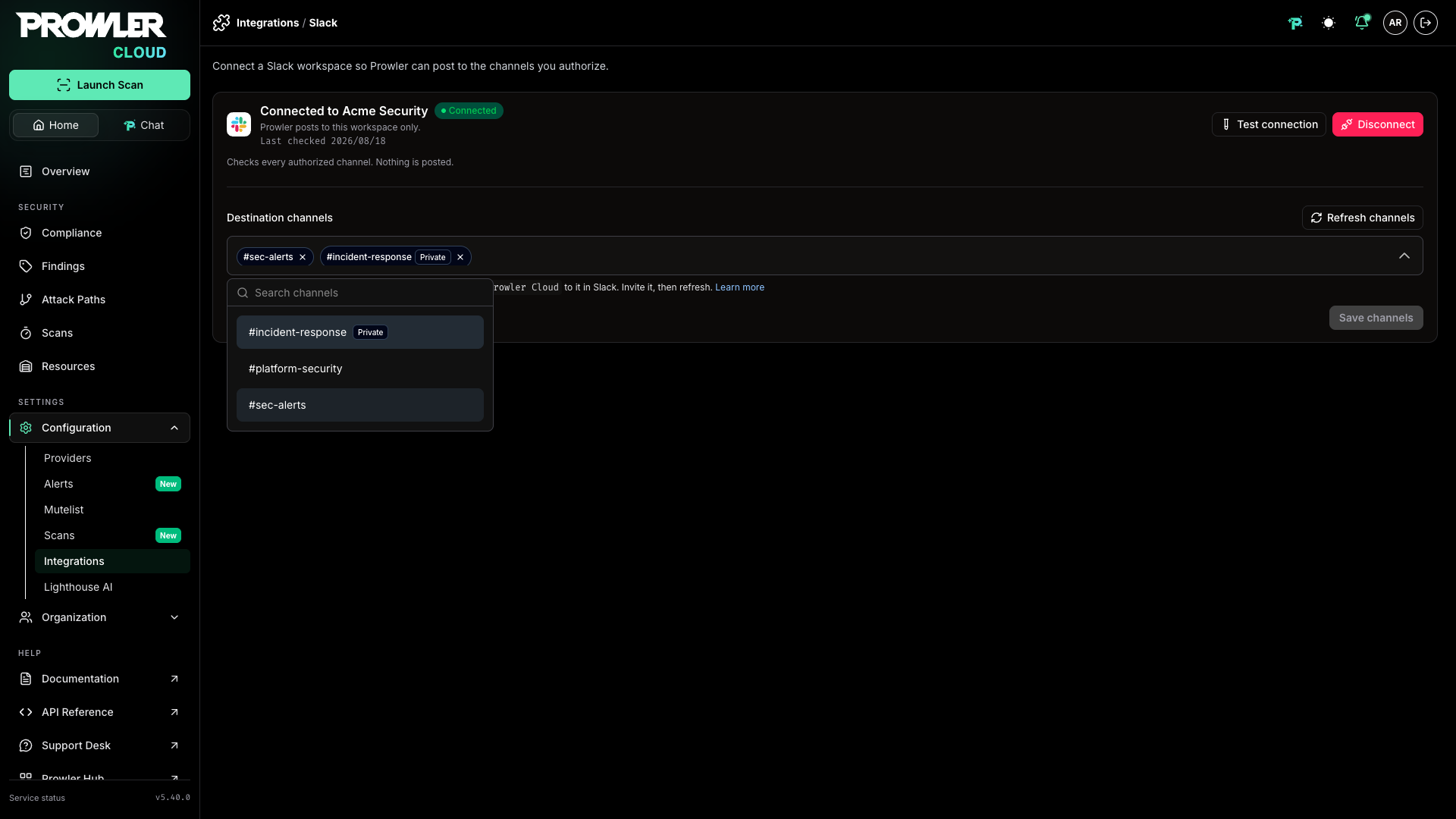 Destination channels selection listing public channels and an invited private channel marked Private