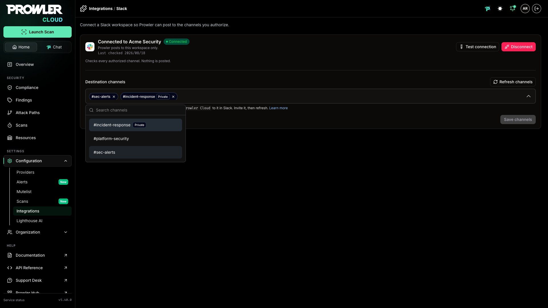 Destination channels selection listing public channels and an invited private channel marked Private