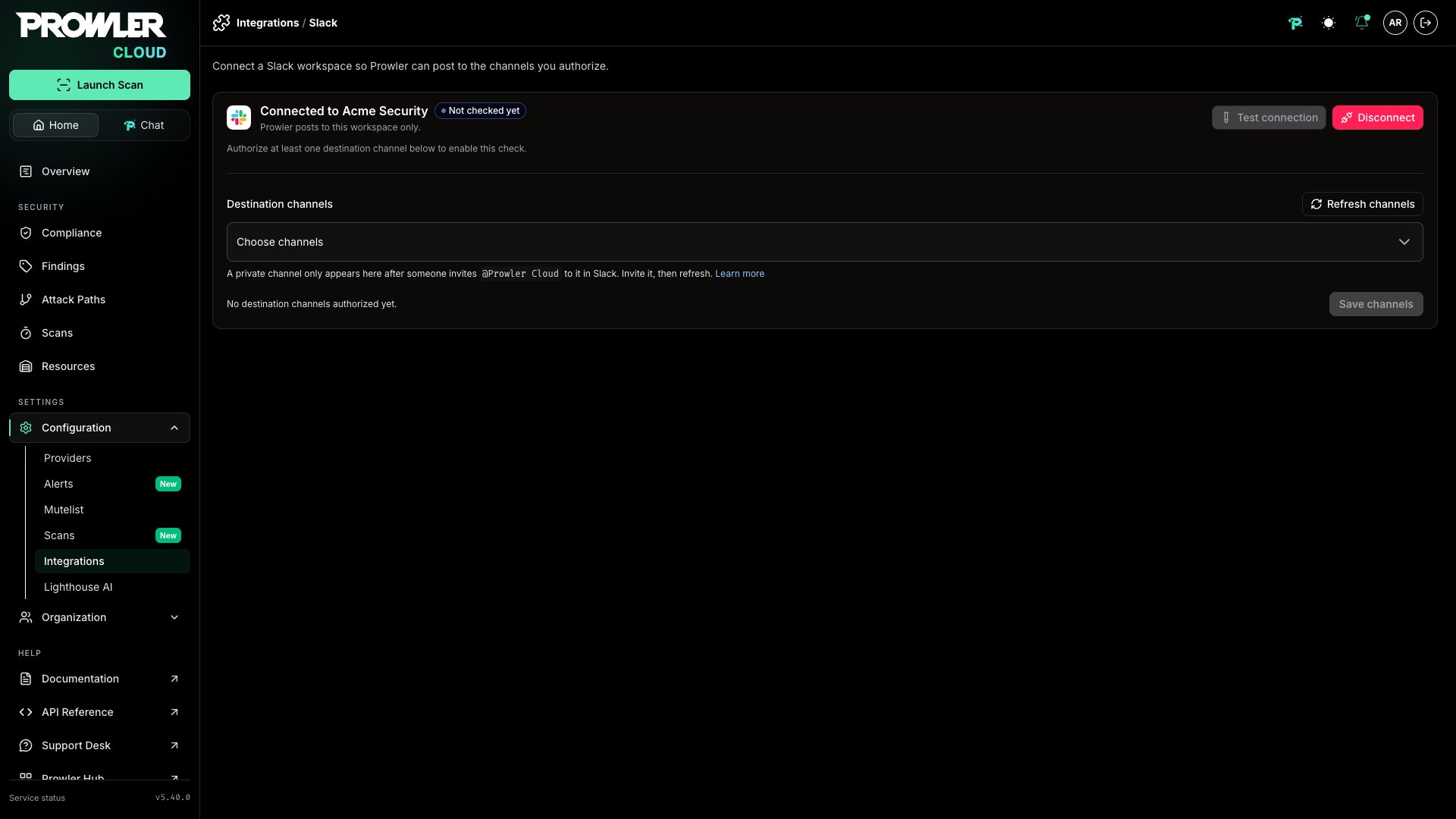 Connected Slack workspace with no channels authorized yet