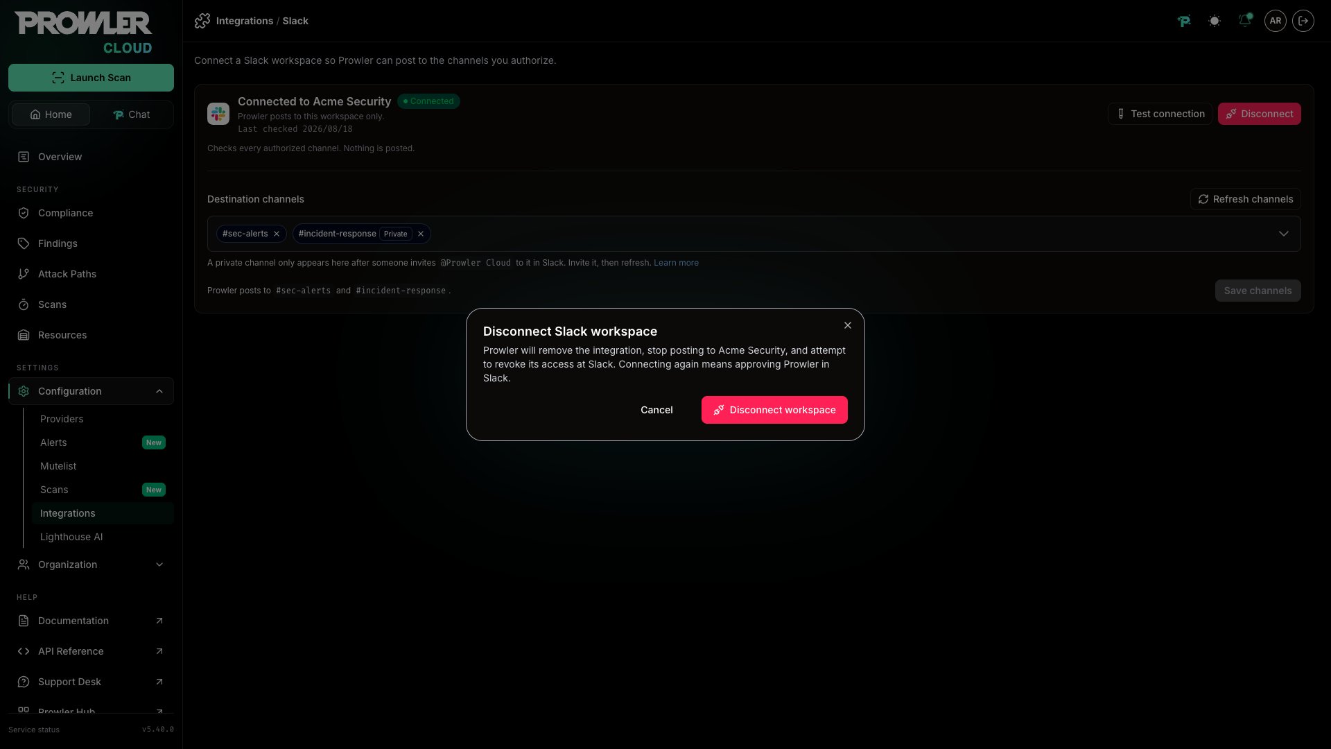 Disconnect Slack workspace confirmation dialog
