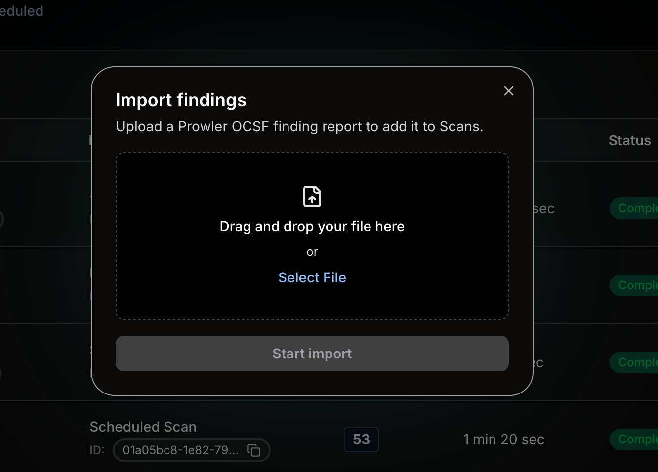 Import findings dialog with the drag-and-drop area