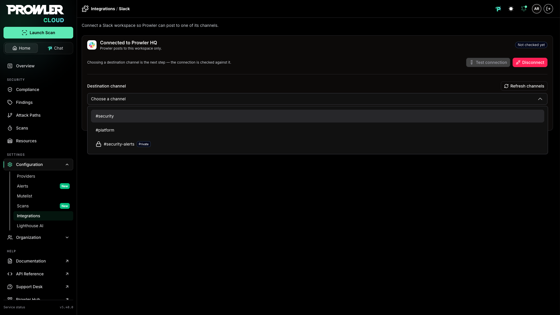 Destination channel picker listing public channels and an invited private channel marked Private