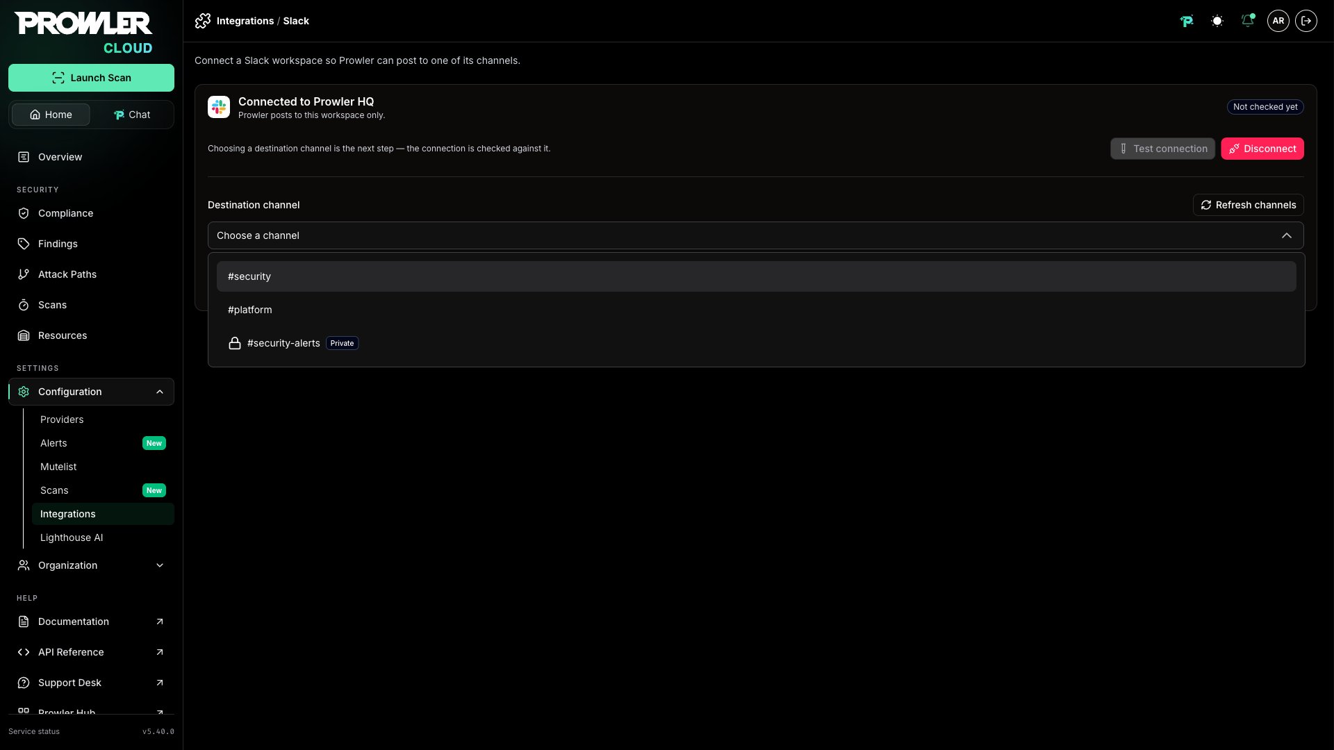 Destination channel picker listing public channels and an invited private channel marked Private