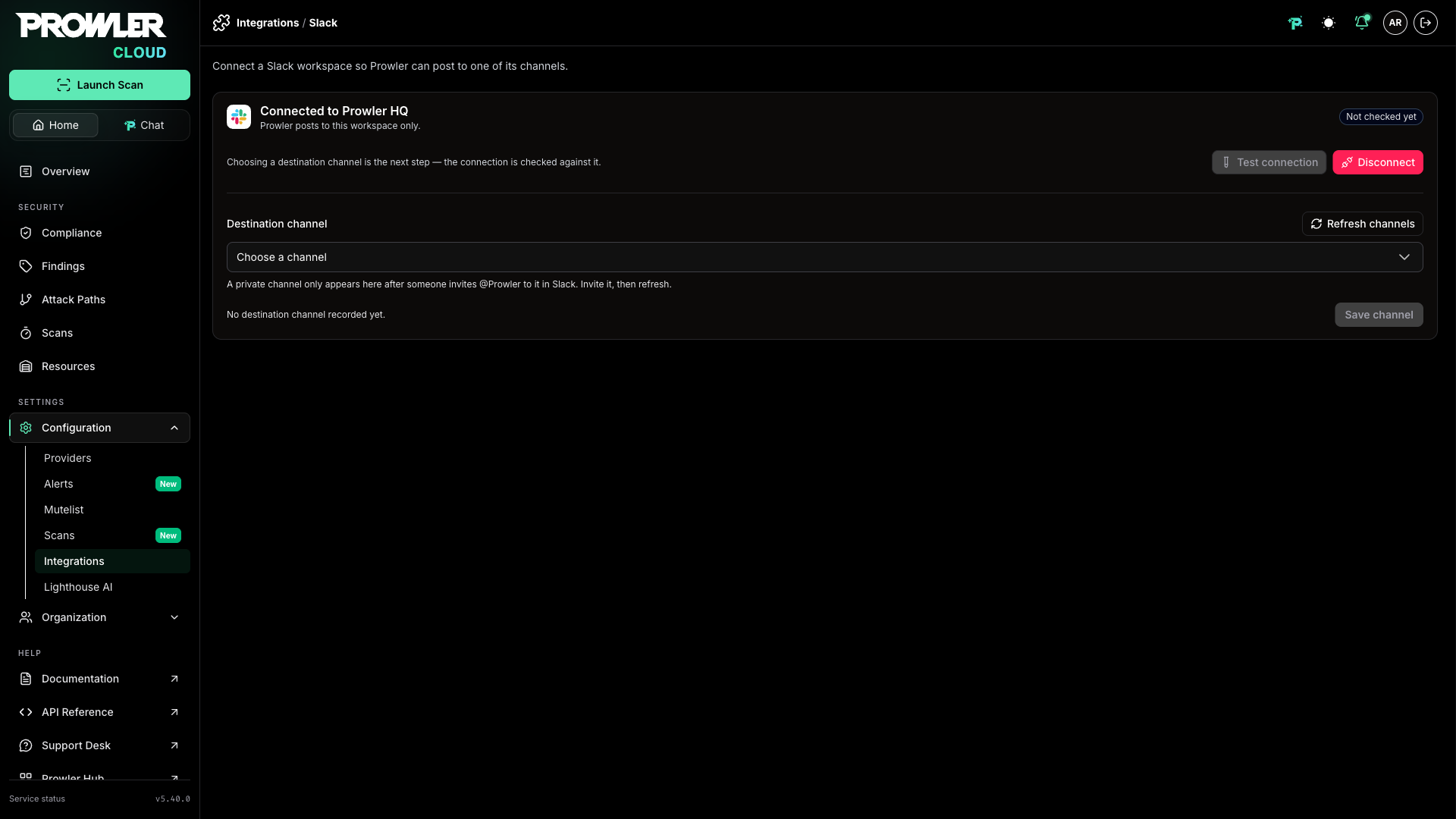 Connected Slack workspace with no destination channel recorded yet