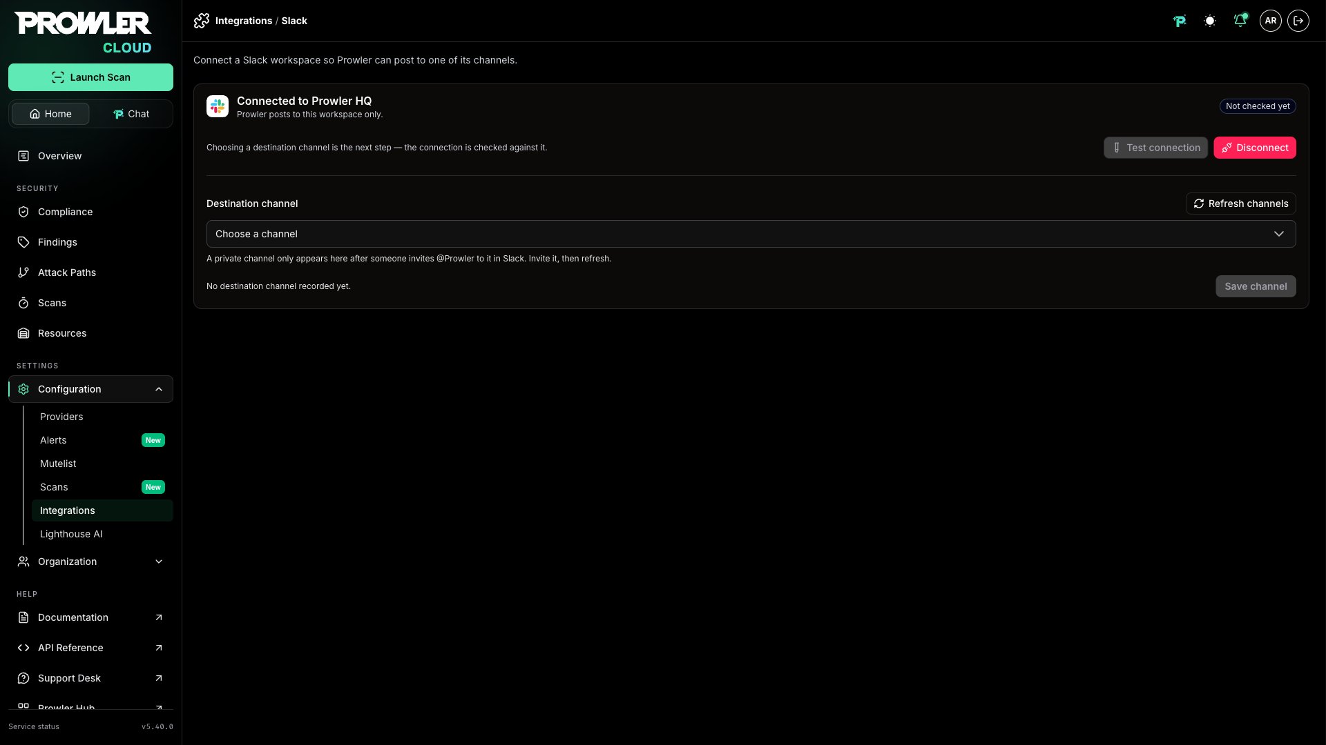 Connected Slack workspace with no destination channel recorded yet