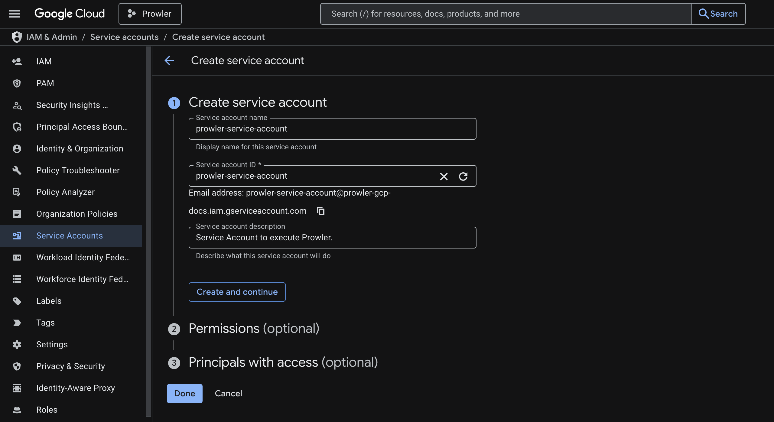 Create service account wizard